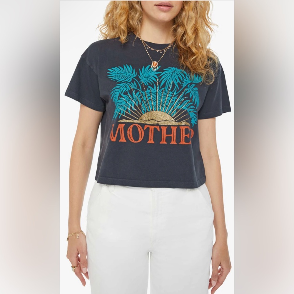 MOTHER Black Crop Graphic Tee with Turquoise Palm Print and Orange Logo